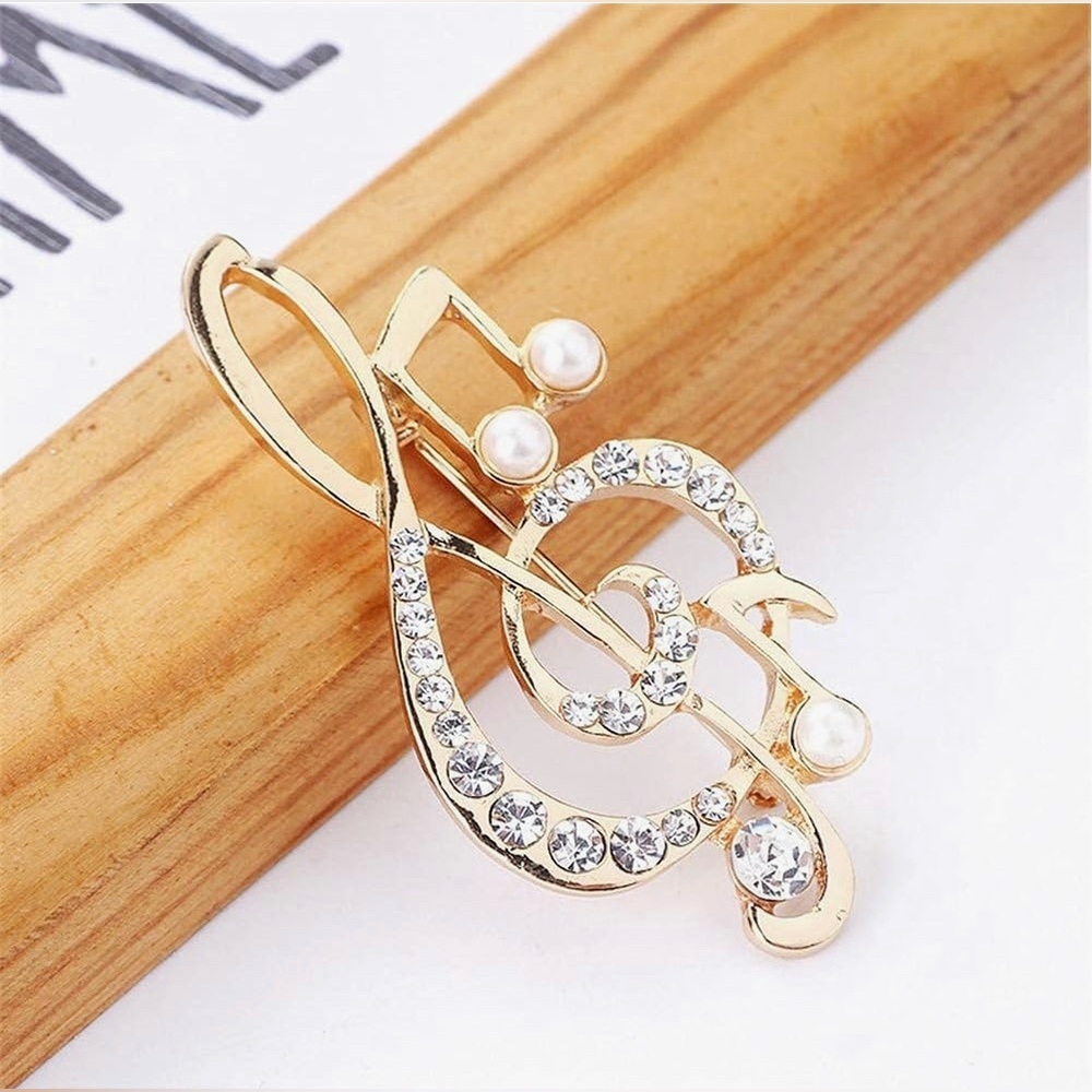 Sparkly Treble Clef + Music Note Fashion Rhinestone, Pearl Brooch Pin, Gold - Picture 9 of 17
